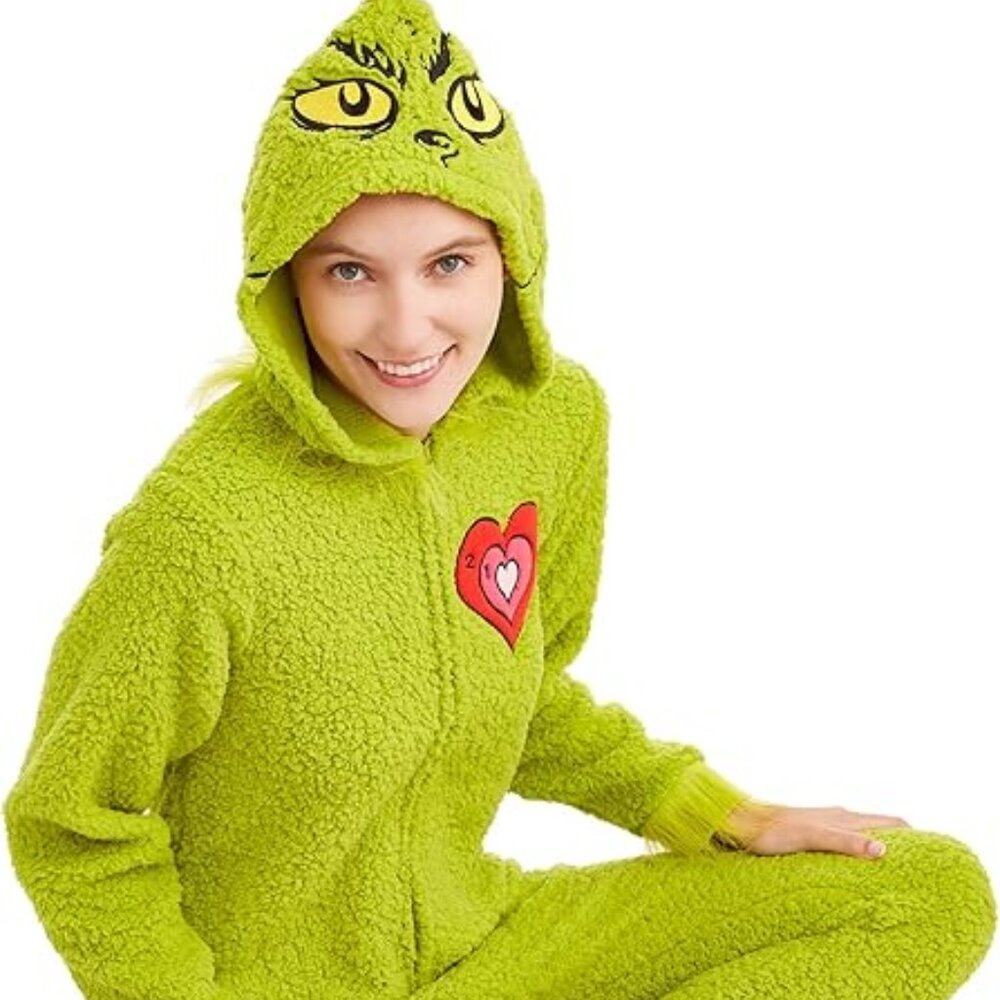 Grinch Union Suit Womens XL Green Costume Pajamas Hooded Christmas Zip Up